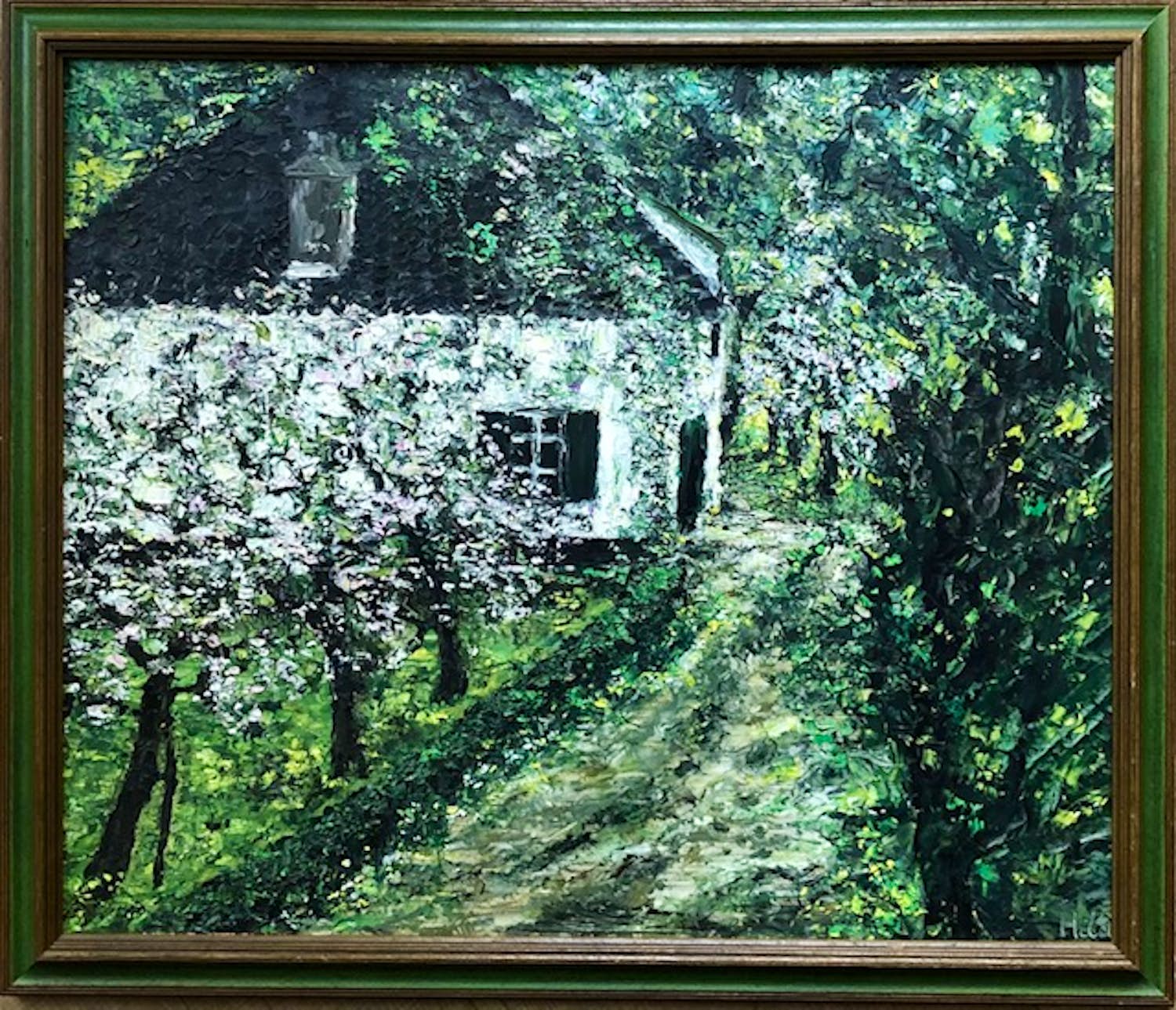 Hilda Blom - Betuwse Boerderij met Bloesem Bomen - OLieverf verkocht voor € 95!