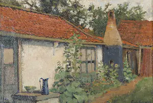 Niet of onleesbaar gesigneerd - Olieverf op doek, Achtererf van een boerderij - Ingelijst kopen? Bied vanaf 1!