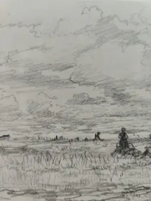 Hendrik Willem Mesdag - Originele schets "Op het Land" - Houtskooltekening kopen? Bied vanaf 750!