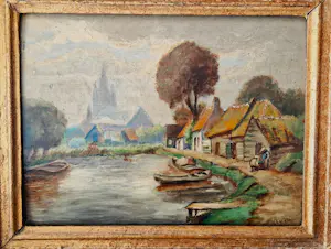 Niet of onleesbaar gesigneerd - omstreeks 1920 - olieverf "oud Voorschoten" in antieke handgesneden lijst kopen? Bied vanaf 1!