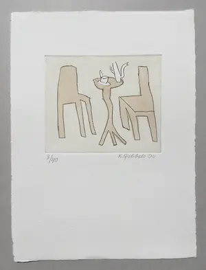 Klaas Gubbels - ets met aquarel ingekleurd - ‘Interieur met servies’ - 2004 kopen? Bied vanaf 245!