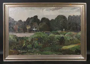 Herman Kruyder - Olieverf op doek bevestigd paneel, Boerderij met zonnebloemen - Ingelijst kopen? Bied vanaf 1650!