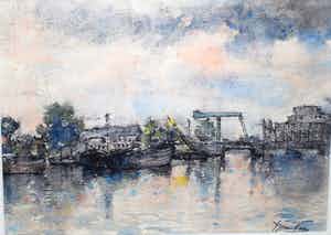 Jan van der Veer - Nieuwe Haagse School - Spaarne, Haarlem - ingelijste aquarel verkocht voor € 90!