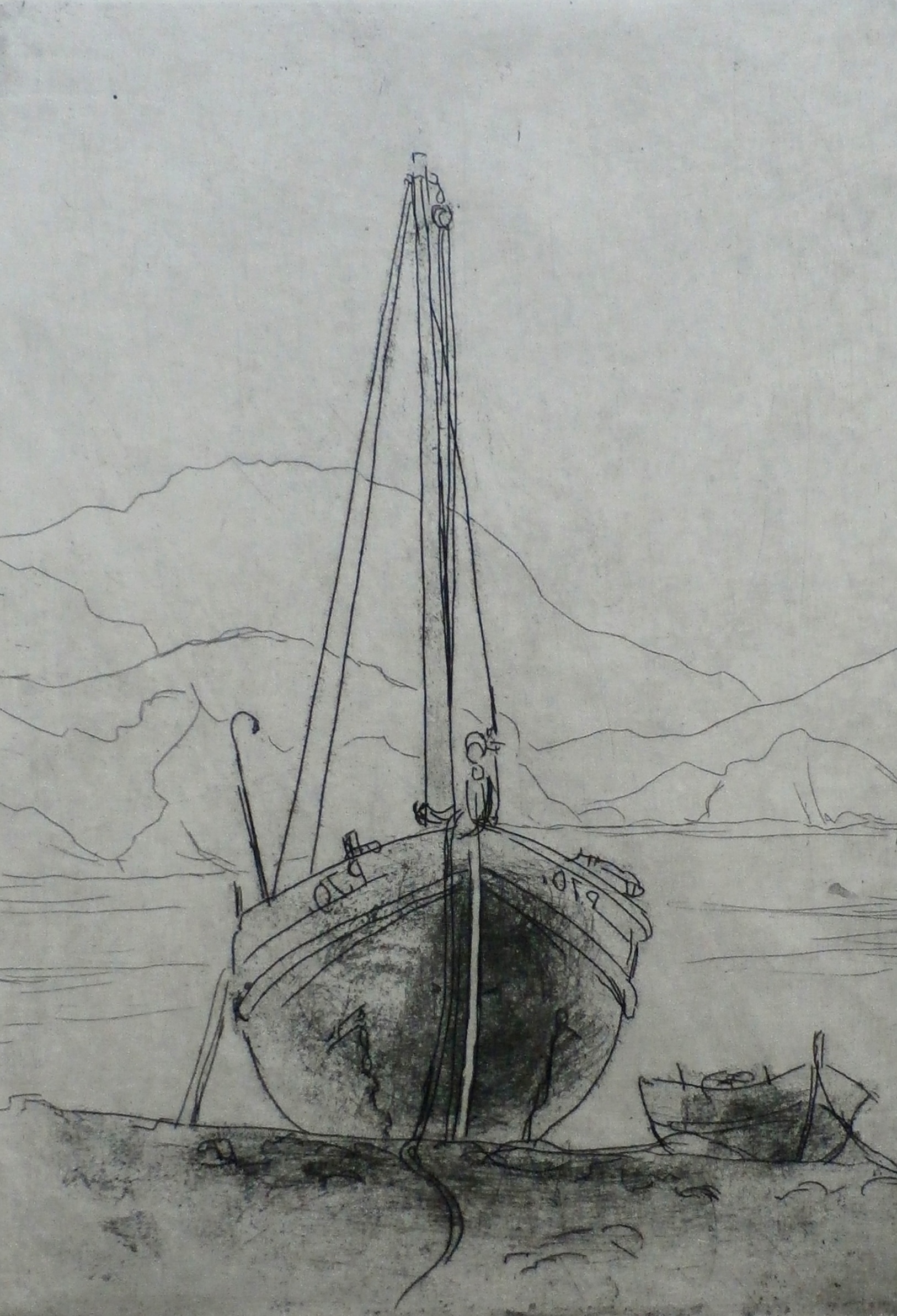 Dick van Luijn - ets: Scheepje aan de kust bij Colliource 1951 verkocht voor € 35!