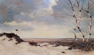 Jo Schrijnder - Vliegende eend in duinlandschap, olieverf op doek (netjes ingelijst, groot) kopen? Bied vanaf 975!