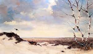 Jo Schrijnder - Vliegende eend in duinlandschap, olieverf op doek (netjes ingelijst, groot) verkocht voor € 975!