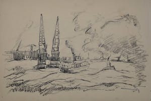 Wim Motz - 2 tekeningen van Rotterdamse havengezichten kopen? Bied vanaf 50!