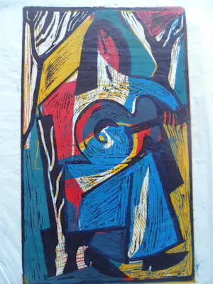 Piet Wiegman (II) - Houtsnede. Vrouw met gitaar. kopen? Bied vanaf 40!