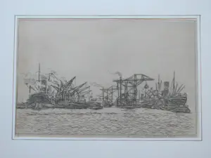 Antoon Derkzen van Angeren - havengezicht (Rotterdam?) kopen? Bied vanaf 45!