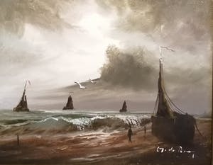 Niet of onleesbaar gesigneerd - Hollandse School - de Rooy?? - Katwijkse tjalken aan de kust - Zeegezicht kopen? Bied vanaf 10!