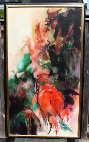 Marli Hommel - Acrylverf op doek: Compositie met stier - 1994 kopen? Bied vanaf 1250!