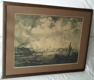 Aart Bijl - Ets uit 1923 , “Maas voor Rotterdam” – GROOT - ingelijst kopen? Bied vanaf 1!