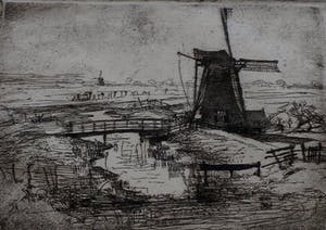 Frederika Broeksmit - ets: Landschap met molen kopen? Bied vanaf 45!