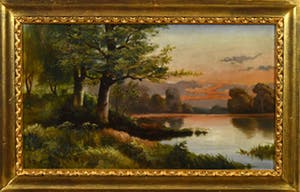 Niet of onleesbaar gesigneerd - (19-20e eeuws)- landschap-"Rivier oever bij zonsondergang"- olieverf op doek. kopen? Bied vanaf 10!