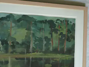 Niet of onleesbaar gesigneerd - Gesigneerde aquarel , Bosgezicht aan het water – Ingelijst , 59 x 74 cm. kopen? Bied vanaf 10!