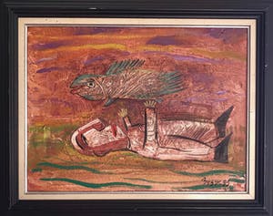 Roman Zuzuk - Typisch werk - 'Man met vis' - Gesigneerd - 1999 kopen? Bied vanaf 175!