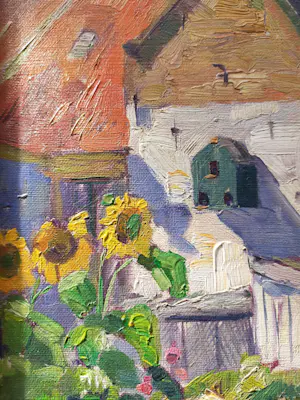 Han Krug - Gebouw met zonnebloemen kopen? Bied vanaf 25!