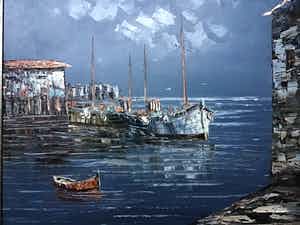 Niet of onleesbaar gesigneerd - Haven in schemering. verkocht voor € 1!