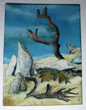 Piet Snel - Acrylverf en pastel , Surrealistisch landschap - 1965 kopen? Bied vanaf 40!