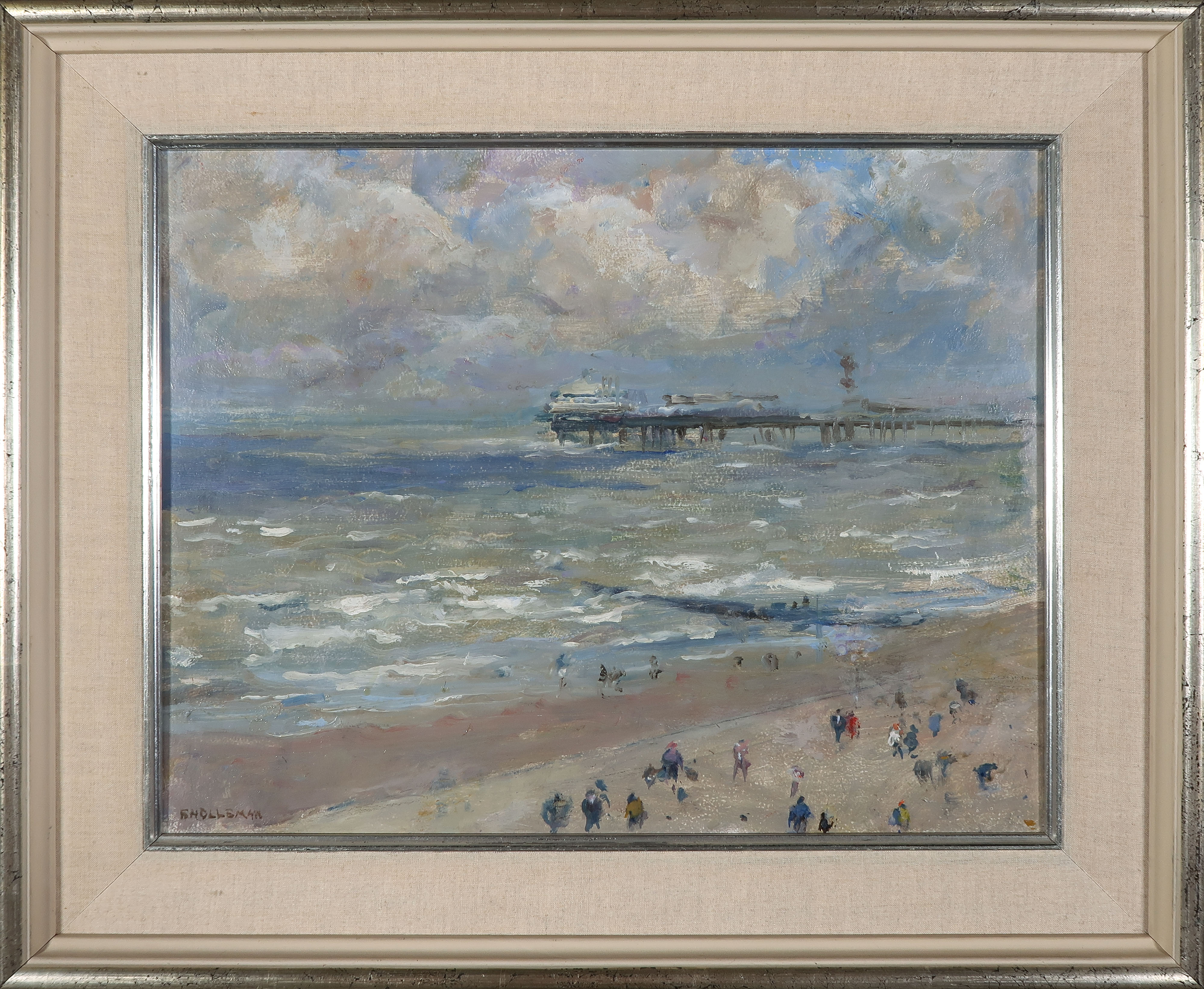 Frida Holleman - Olieverf op hardboard, Pier van Scheveningen - Ingelijst kopen? Bied vanaf 1000!