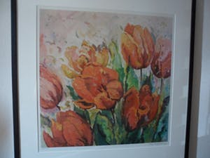 Mary Koekenbier - Zeefdruk. Titel, "Beaujolais Joli Bouget". kopen? Bied vanaf 60!
