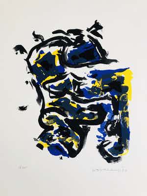 Theo Wolvecamp - compositie met geel, blauw en zwart verkocht voor € 185!