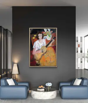 Rene Mels - Frau mit Gitarre – Großes und wunderschönes ausdrucksstarkes Gemälde kopen? Bied vanaf 800!