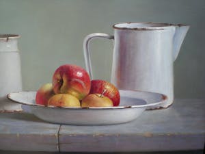 Hans Habraken - Stilleven Oude kan potje en schaal appels kopen? Bied vanaf 695!