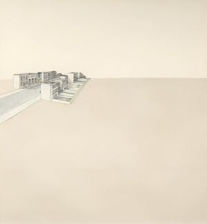 Jeroen Henneman - Tekening en hout assemblage, Gezicht op een straat - Ingelijst (Groot) kopen? Bied vanaf 600!