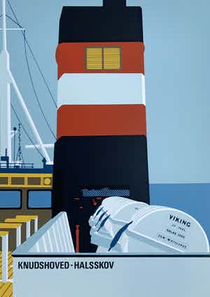 Hilde Mohring - kleurenzeefdruk - 'De boot naar Halsskov' - 1979 (Eigen druk) verkocht voor € 70!