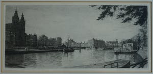 Maarten Langbroek - Ingelijste ets, Prins Hendrikkade, Amsterdam – ca. 1970 kopen? Bied vanaf 40!