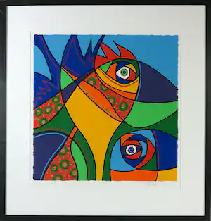 Marianne Naerebout - Zeefdruk, Tropical Birds - Ingelijst verkocht voor € 220!