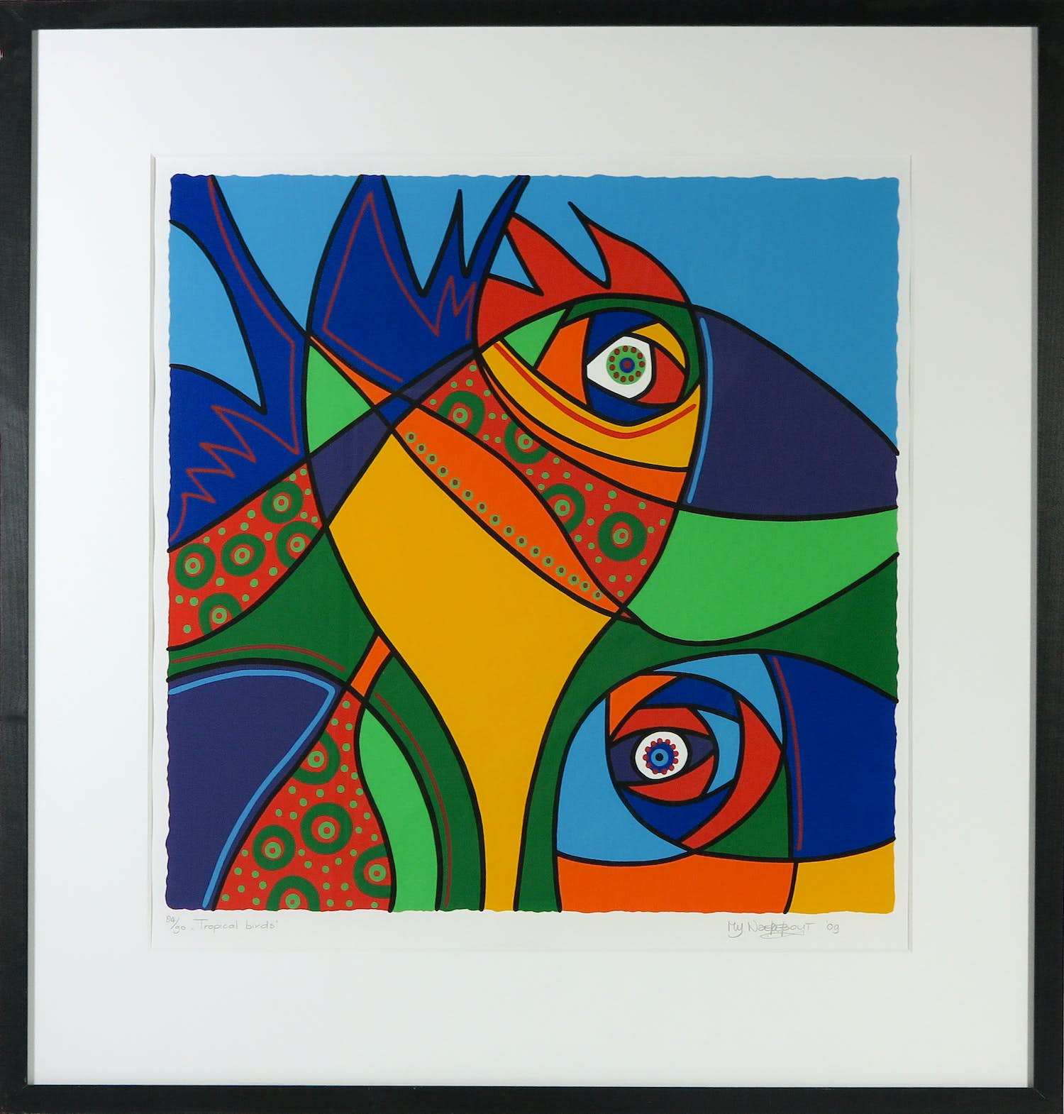 Marianne Naerebout - Zeefdruk, Tropical Birds - Ingelijst verkocht voor € 50!