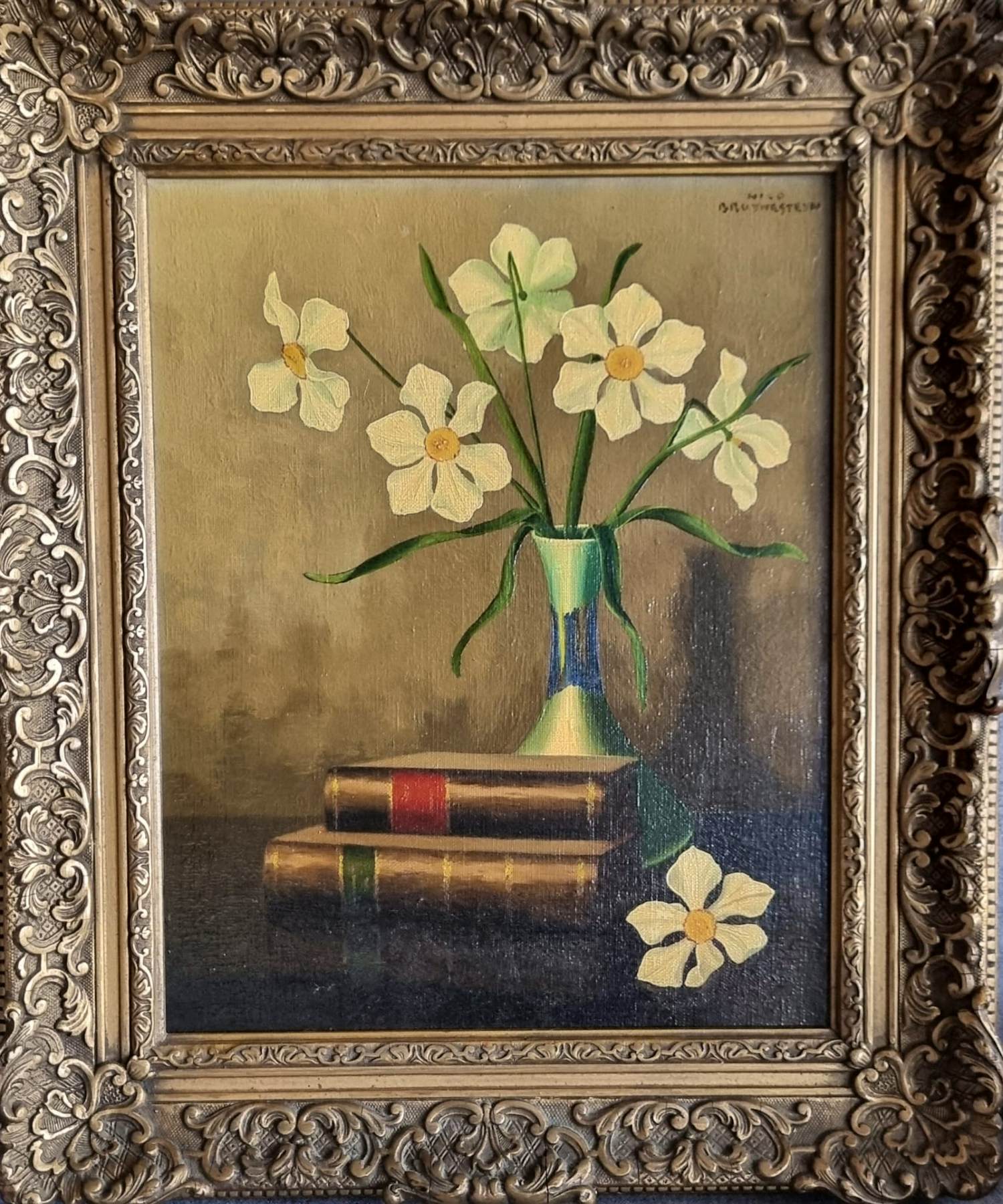 Nico Bruijnesteijn - Stilleven, boeken en vaas met bloemen kopen? Bied vanaf 75!