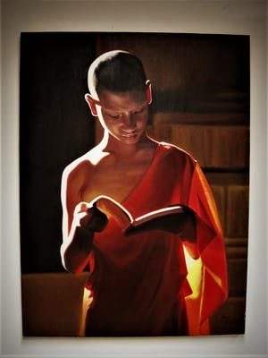 Niet of onleesbaar gesigneerd - Thailand - GROOT olieverf op doek "lezende jonge Monnik" gesigneerd kopen? Bied vanaf 1!