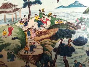 Niet of onleesbaar gesigneerd - Fraai hand beschilderd Japans dienblad met miniatuur personages kopen? Bied vanaf 1!