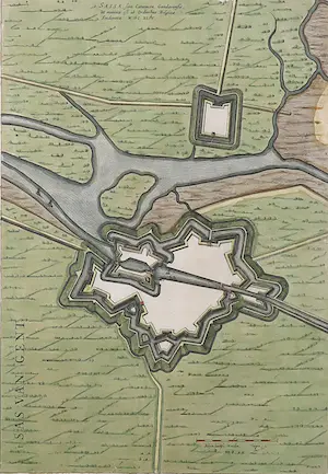 Joan Blaeu - Handgekleurde kopergravure, Sas van Gent - Ingelijst kopen? Bied vanaf 40!