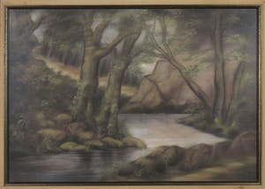 Niet of onleesbaar gesigneerd - Pasteltekening, Landschap met bomen, rots en water - Ingelijst kopen? Bied vanaf 1!