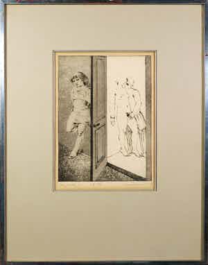 Theo Daamen - Ets, Vrijpostig I - Ingelijst verkocht voor € 50!