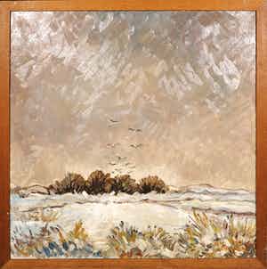 Jan Dekker - Olieverf op hardboard, Vogels in Winterlandschap, Ingelijst verkocht voor € 1!
