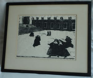Niet of onleesbaar gesigneerd - Ingelijste houtsnede, Nonnen wandelend in de storm – 1966 kopen? Bied vanaf 1!