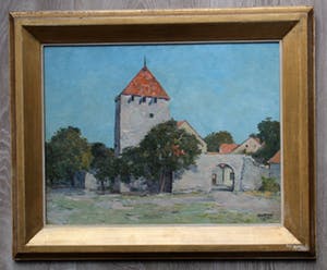 Johan Briede - olieverf op board - gezicht op Zweeds dorpje kopen? Bied vanaf 375!