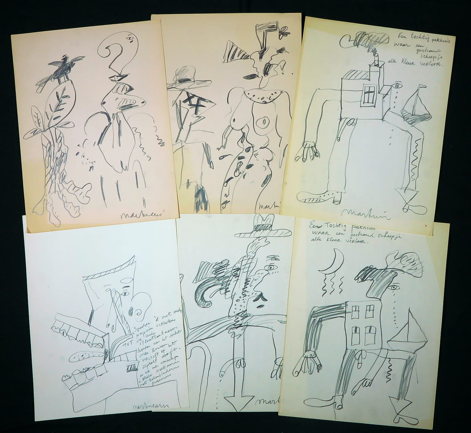 Anton Martineau - Lot van 6 unieke werken op papier! verkocht voor € 1!