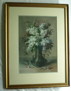 Niet of onleesbaar gesigneerd - Ingelijste aquarel , Bloemen in groene vaas – Herkent u de signatuur? kopen? Bied vanaf 1!