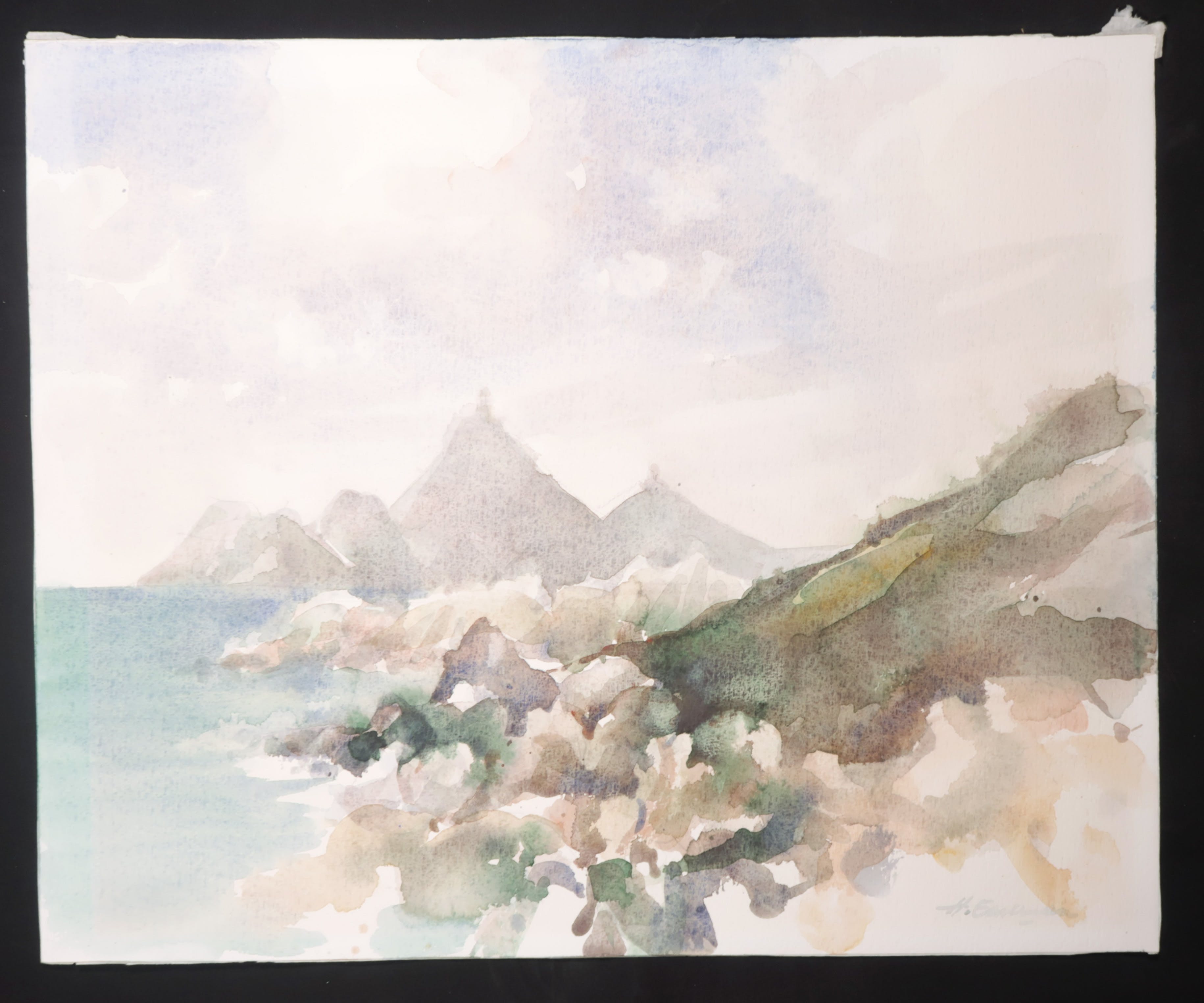 Hen Euverman - Aquarel, Berg en kust landschap kopen? Bied vanaf 1!