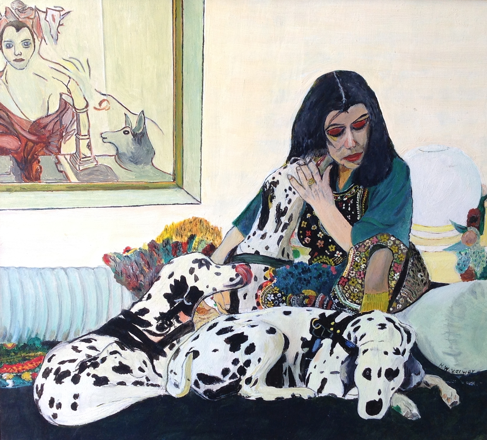 Niet of onleesbaar gesigneerd - Vrouw met Dalmatiërs  kopen? Bied vanaf 1!