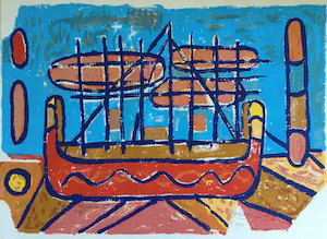 Meertje Kaal - Odysseusboot II | kleuren zeefdruk (13/75) - ingelijst kopen? Bied vanaf 35!