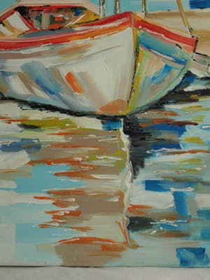 Niet of onleesbaar gesigneerd - Acrylverf op doek, Bootje in de haven kopen? Bied vanaf 10!
