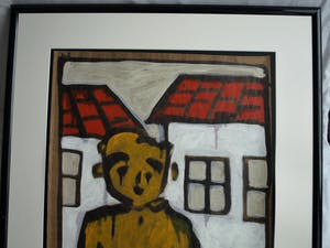 Bart Drost - Ingelijst, acryl op bitumenpapier (pakpapier) , Voor 2 huisjes – ca. 1991 kopen? Bied vanaf 50!