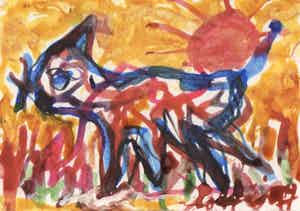Lotti van der Gaag - gemengde techniek op papier | 'Le chat sous le soleil' | 1997 verkocht voor € 300!